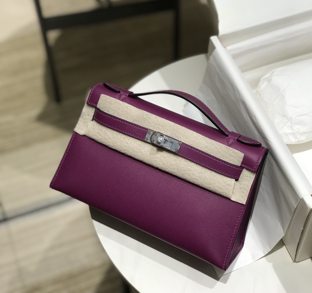 Hermes Mini Kelly Pochette 22cm Bag In Dark Purple Swift Leather